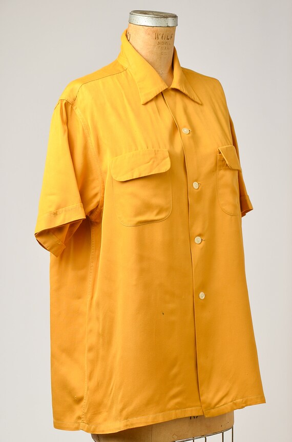 1950s Bowling Shirt Mustard Yellow Rayon Crown Pr… - image 2
