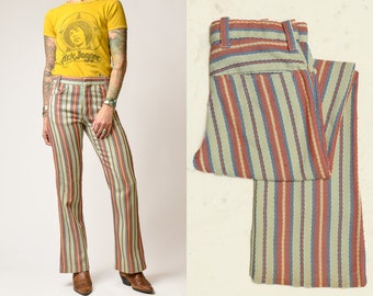 1970s Jacquard Knit Sunburst Stripe Mod Flared Hippie Pants 29 x 27