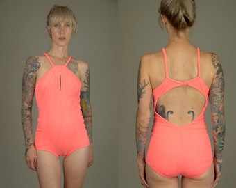 60s Swimsuit Neon Coral Open Back Mod One Piece Beach Party Playsuit Swimsuit