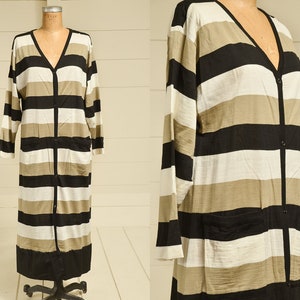 1980s Modern Stripe Dress Button Down V Neck Avant Garde Long Sleeve Midi Dress image 1