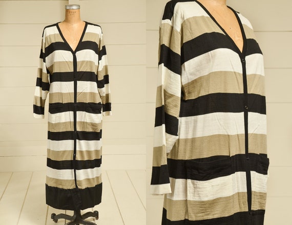 1980s Modern Stripe Dress Button Down V Neck Avan