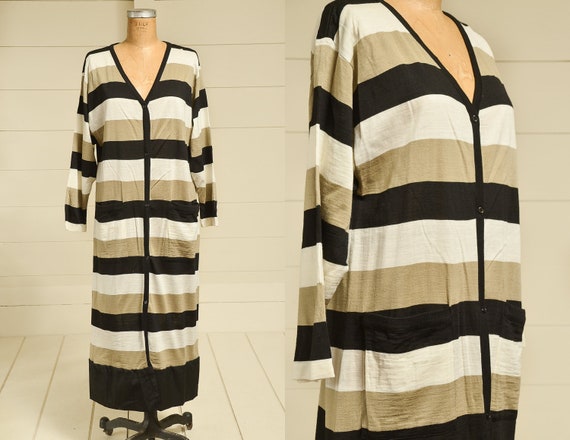 1980s Modern Stripe Dress  Button Down V Neck Ava… - image 1