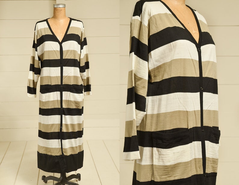 1980s Modern Stripe Dress Button Down V Neck Avant Garde Long Sleeve Midi Dress image 1