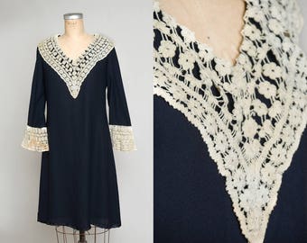 1960s Wednesday Adams Crochet Collar Black Rayon Babydoll Goth Dress