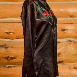 1970s Jizz San Fransisco Glam Rock Black Satin Western Rose Shirt image 3