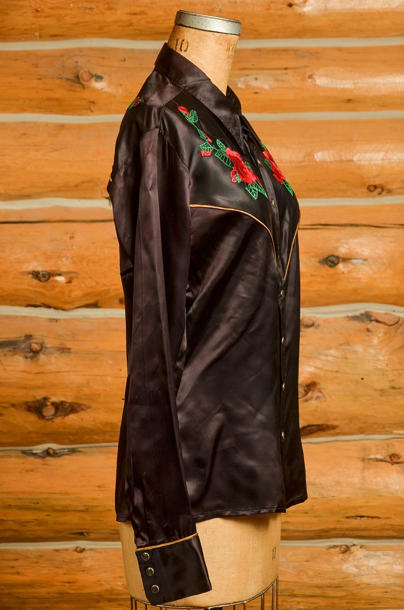 1970s Jizz San Fransisco Glam Rock Black Satin Western Rose Shirt image 3