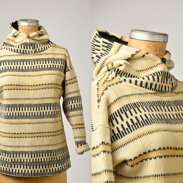 1960s Scandinavian Wool Sweater Ivory & Black Virgin Wool Hooded Icelandic Sweater