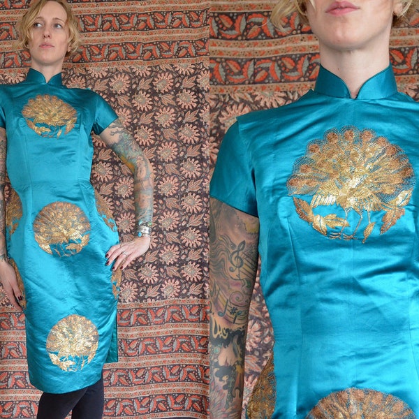 40s Turquoise Silk & Embroidered Golden Peacocks Geisha Dress