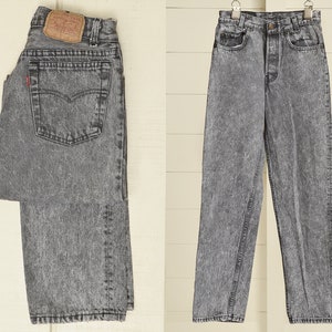 1980s Levis 701 Distressed Black Acid Wash Denim Made in USA Jeans 26 x 29