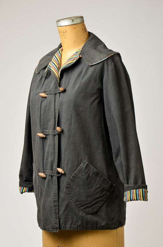 1950s Toggle Coat Deco Striped Black Cotton Hoode… - image 4