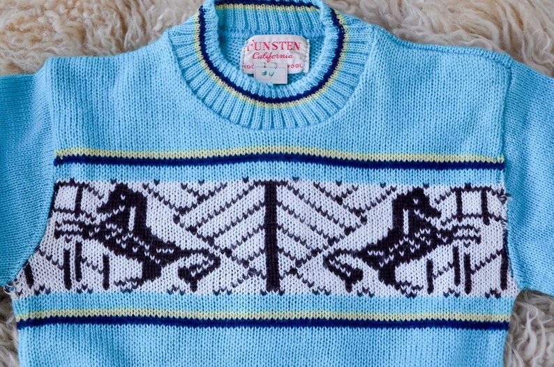 1950s Deadstock Kids Sweater Blue Cherub Horse Knit Wool Ski Sweater size 4 image 3