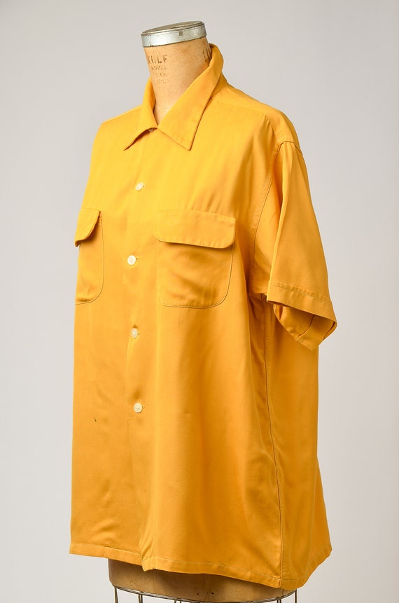 1950s Bowling Shirt Mustard Yellow Rayon Crown Pr… - image 3