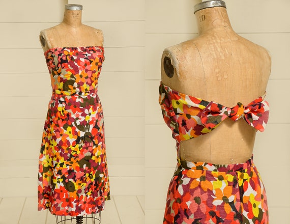 1950s Hawaiian Dress Barkcloth Floral Open Back Ro