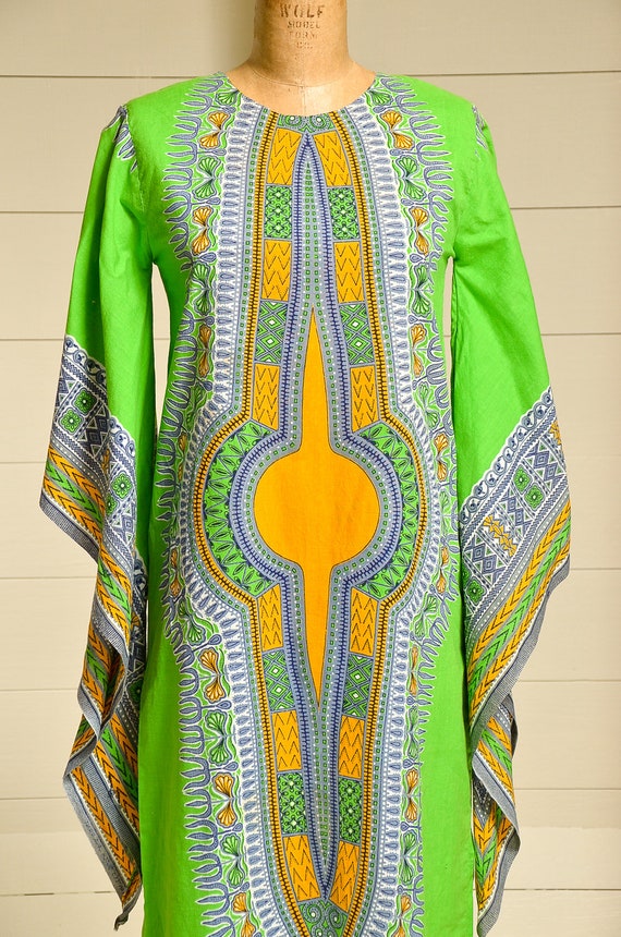 70s Dashiki Caftan Dress Bohemian Angel Sleeve Gr… - image 6