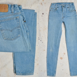 1980s Levis 701 Drain Pipe Made in USA Button Fly Blue Denim Punk Jeans 26 x 32