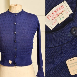 1950s Deadstock Cardigan Sweater Navy Blue Basketweave Wool Knit Button Down Sweater 4