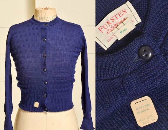 1950s Deadstock Cardigan Sweater Navy Blue Basket… - image 1