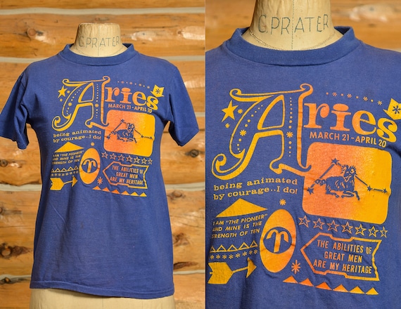 1970s Aries Astrology T Shirt Blue Cotton Horoscop