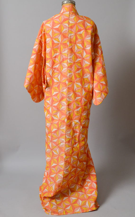 Vintage Kimono Geometric Print Orange Sherbet Cot… - image 5