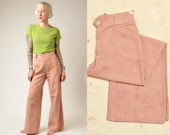 1970s Dusty Pink Bell Bottoms High Waisted Linen Feel Wide Leg Trousers 28 x 31