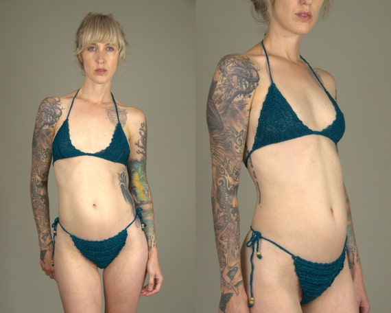 90s Crochet Bikini DEADSTOCK Teal Green Triangle T