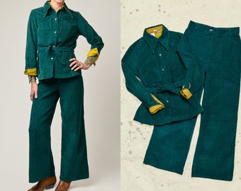 1970s Corduroy Hippie Set Two Piece Bell Bottom Charlies Girls High Waisted Flares & Jacket