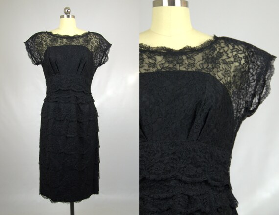 1950s Black Lace Cocktail Dress Empire Waist Shea… - image 1