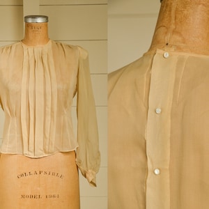 Antique Silk Blouse Sheer Ivory Button Back Pleated Deco Blouse