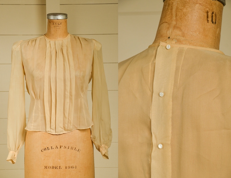 Antique Silk Blouse Sheer Ivory Button Back Pleated Deco Blouse image 1