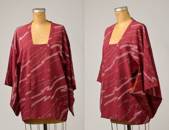 Vintage Short Kimono Jacket Burgundy and White Im… - image 1