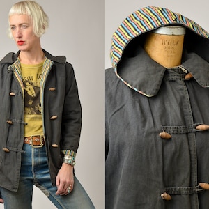 Jaren 50 Toggle Coat Deco Gestreept Zwart Katoenen Jas Met Capuchon