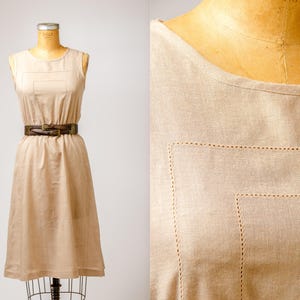 1970s Flax Linen Dress Empire Waist Sleeveless Midi Dress