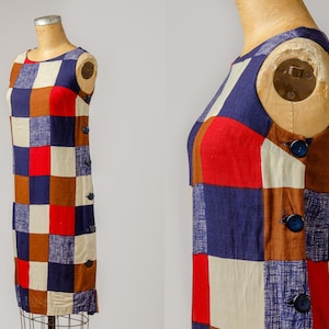 1960s Geometric Shift Dress Side Button Mosaic Mod Dress