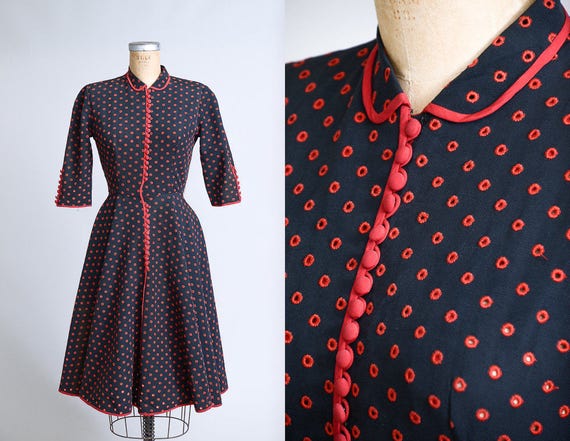 1950s Full Circle Eyelet Rayon Pat Primo Red & Bla