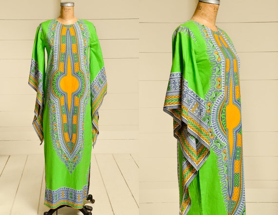 70s Dashiki Caftan Dress Bohemian Angel Sleeve Gre