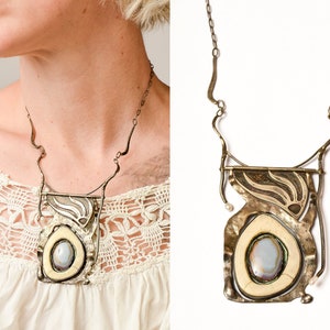 1970s Artisan Made Sterling Silver Pendant Necklace Swinging Pendant Brutalist Style Necklace