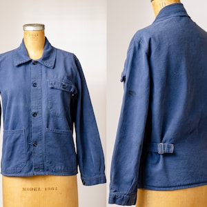 1950s French Chore Jacket Cinch Back Button Down Indigo Cotton Work Jacket