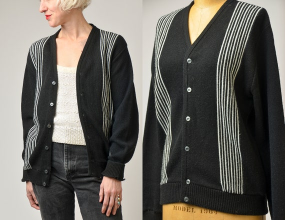 1950s Mid Century Grandpa Sweater Black Knit Mod … - image 1