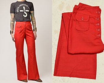 1970s Red Sailor Jeans Hip Hugger Style Bell Bottom Pants 27 x 31