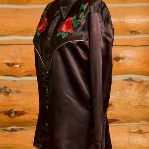 1970s Jizz San Fransisco Glam Rock Black Satin Western Rose Shirt image 4