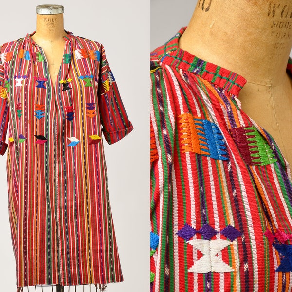 1970s Embroidered Serape Cotton Bohemian Caftan Dress