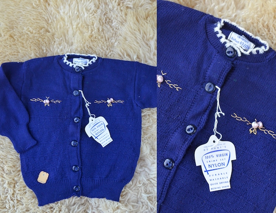 1950s Deadstock Kids Sweater Navy Blue DuPont Kni… - image 1