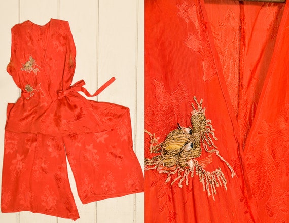 1930s Beach Pajamas Japan Souvenir Red Silk Embroi