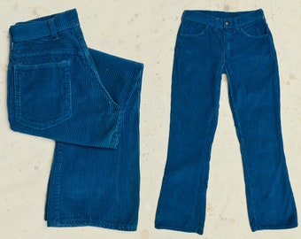 1970s Wide Corduroy Hip Huggers Sky Blue Beatnik Belled Pants 27 x 28