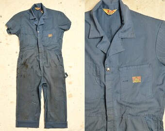 1970s Ben Davis Mechanics Jumpsuit Distressed Herringbone Garage Coveralls