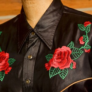 1970s Jizz San Fransisco Glam Rock Black Satin Western Rose Shirt image 6