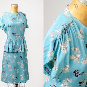 1940s Lamb Novelty Print Rayon Side Zip Cocktail Dress