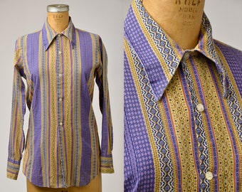 1960s Bohemian Beatnik All Over Batik Print Button Down Shirt