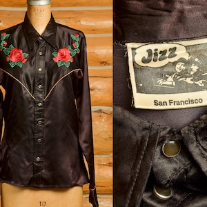 1970s Jizz San Fransisco Glam Rock Black Satin Western Rose Shirt image 1