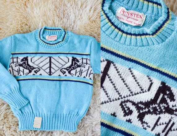 1950s Deadstock Kids Sweater Blue Cherub Horse Kni